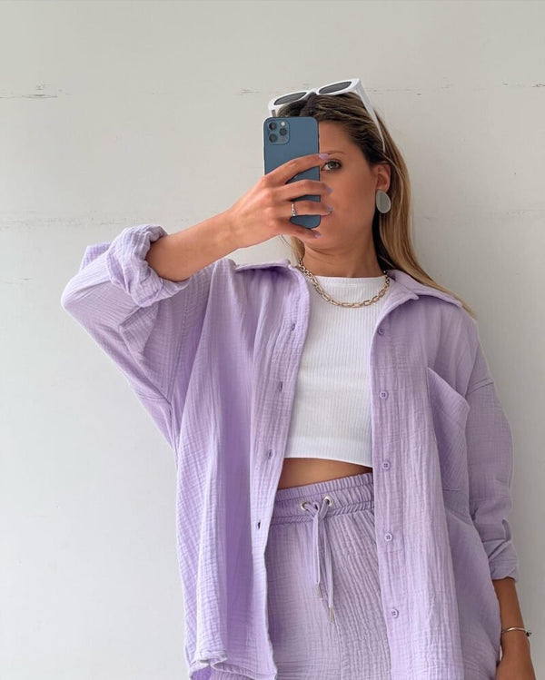 2 Piece Casual Turn-Down Collar Top with Shorts Gauze Cardigan- Purple Periwinkley Shop