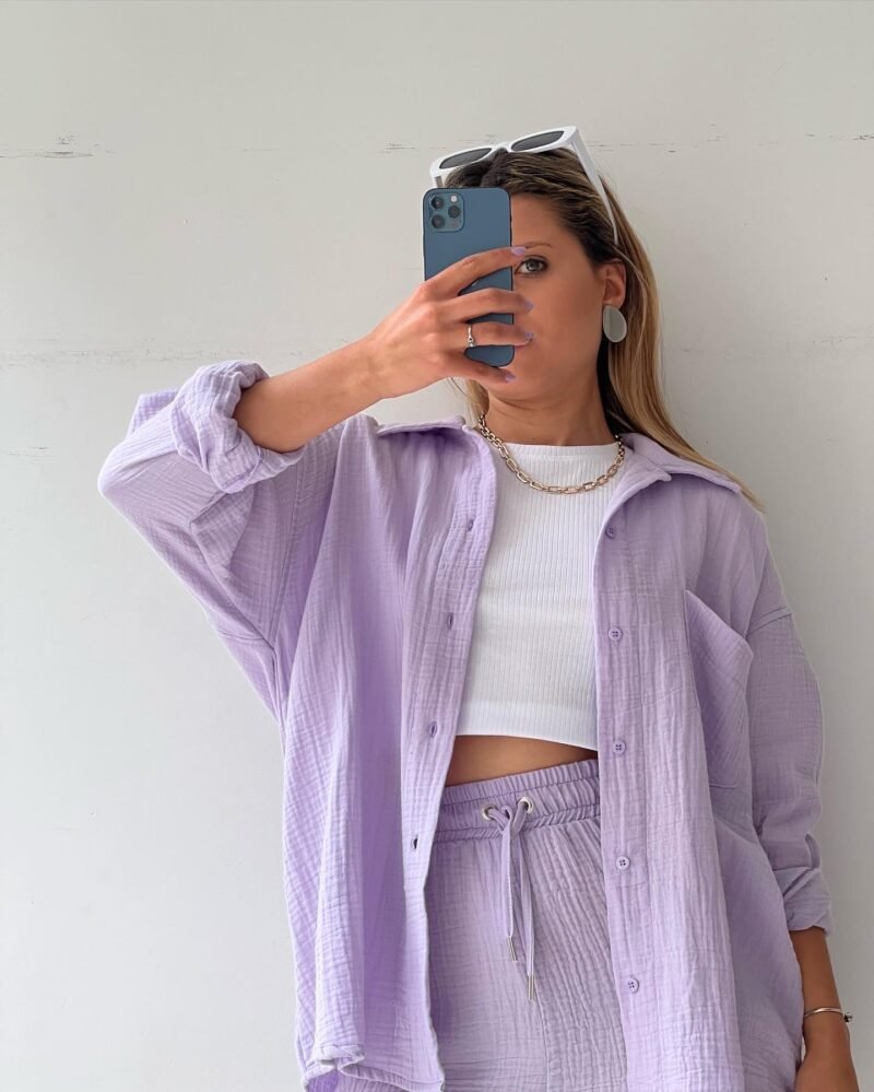 2 Piece Casual Turn-Down Collar Top with Shorts Gauze Cardigan- Purple Periwinkley Shop