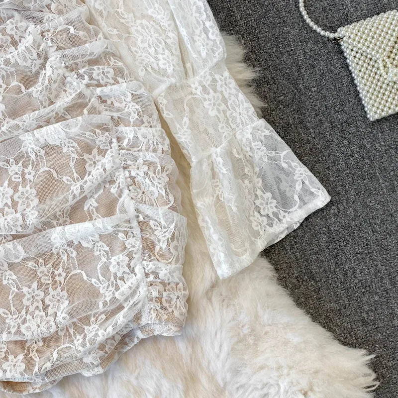 Floral Lace Fairy Long Flare Sleeve Padded Square Collar Dress Periwinkley Shop