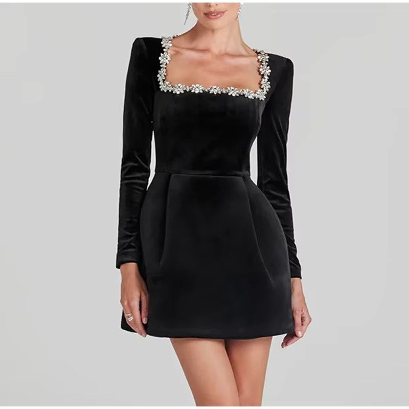 Slim Rhinestone Square Collar Dress Velvet Long Sleeve High Waist A-line Mini Dresses Periwinkley Shop