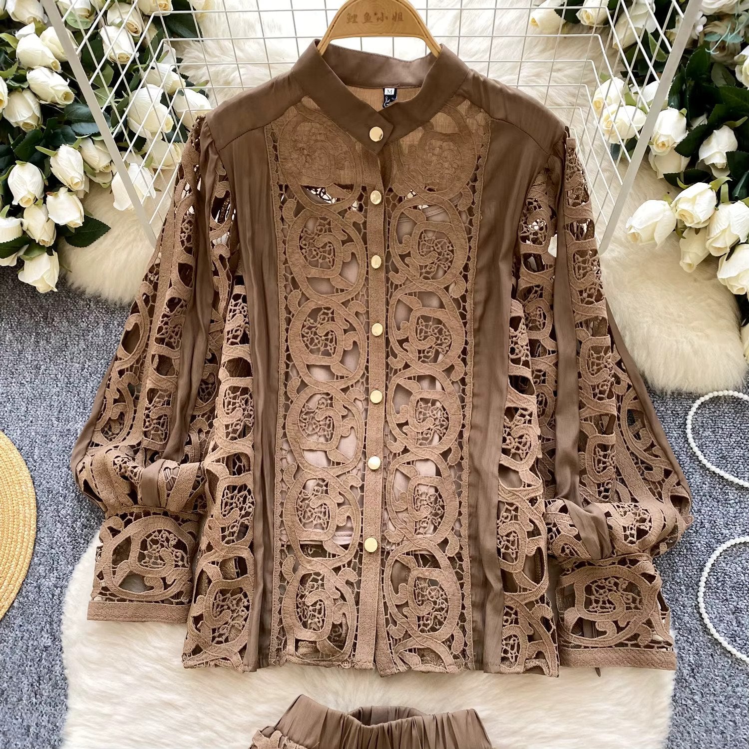 Elegant hollow out short dress 2 piece sets  long sleeve loose oversized shirts + mini skirts suits Periwinkley Shop