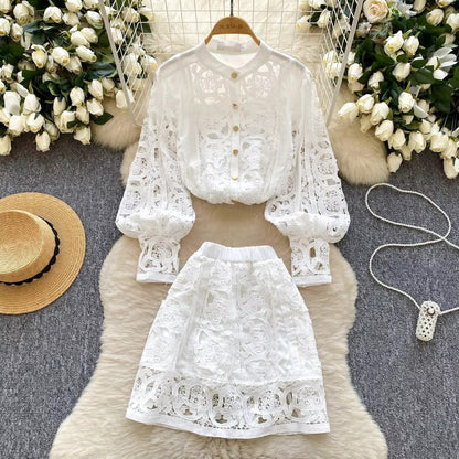 Elegant hollow out short dress 2 piece sets  long sleeve loose oversized shirts + mini skirts suits Periwinkley Shop