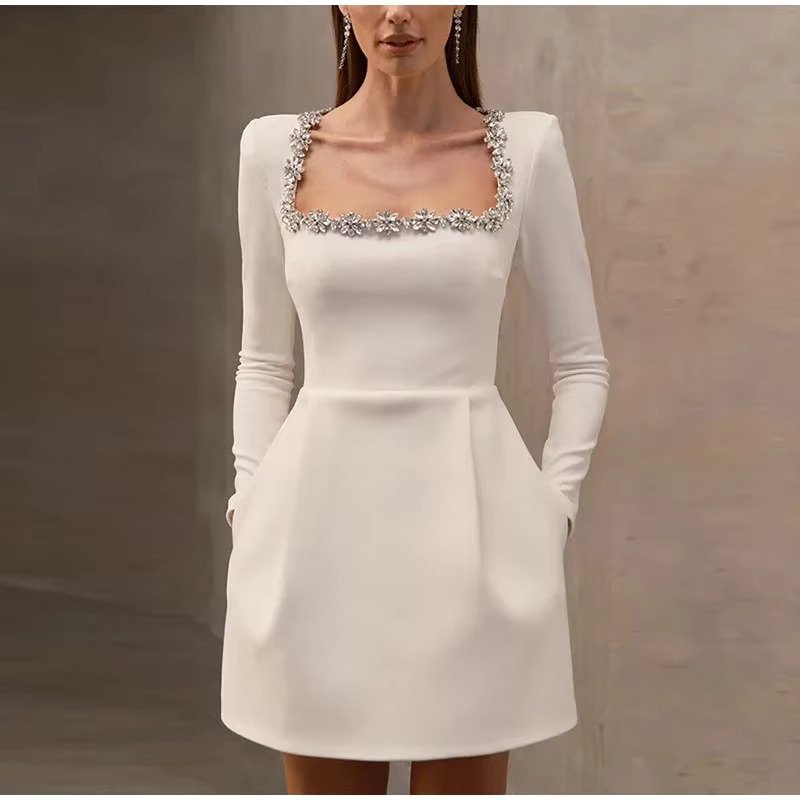 Slim Rhinestone Square Collar Dress Velvet Long Sleeve High Waist A-line Mini Dresses Periwinkley Shop