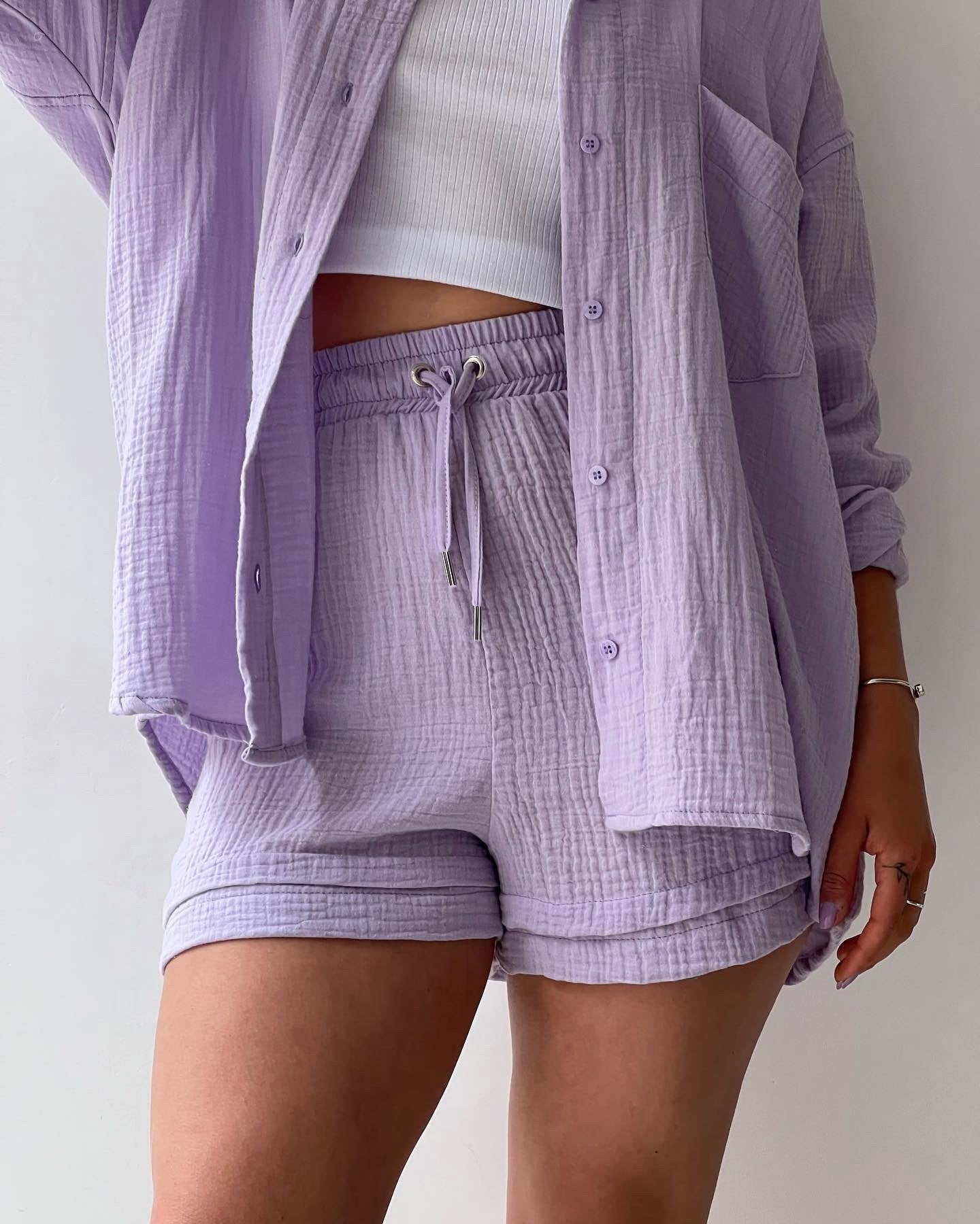 2 Piece Casual Turn-Down Collar Top with Shorts Gauze Cardigan- Purple Periwinkley Shop