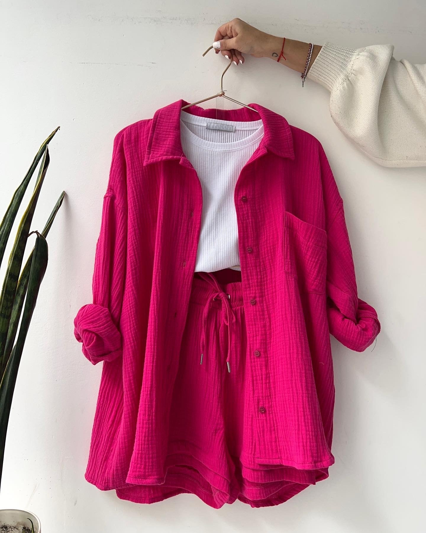 2 Piece Casual Turn-Down Collar Top with Shorts Gauze Cardigan- pink Periwinkley Shop