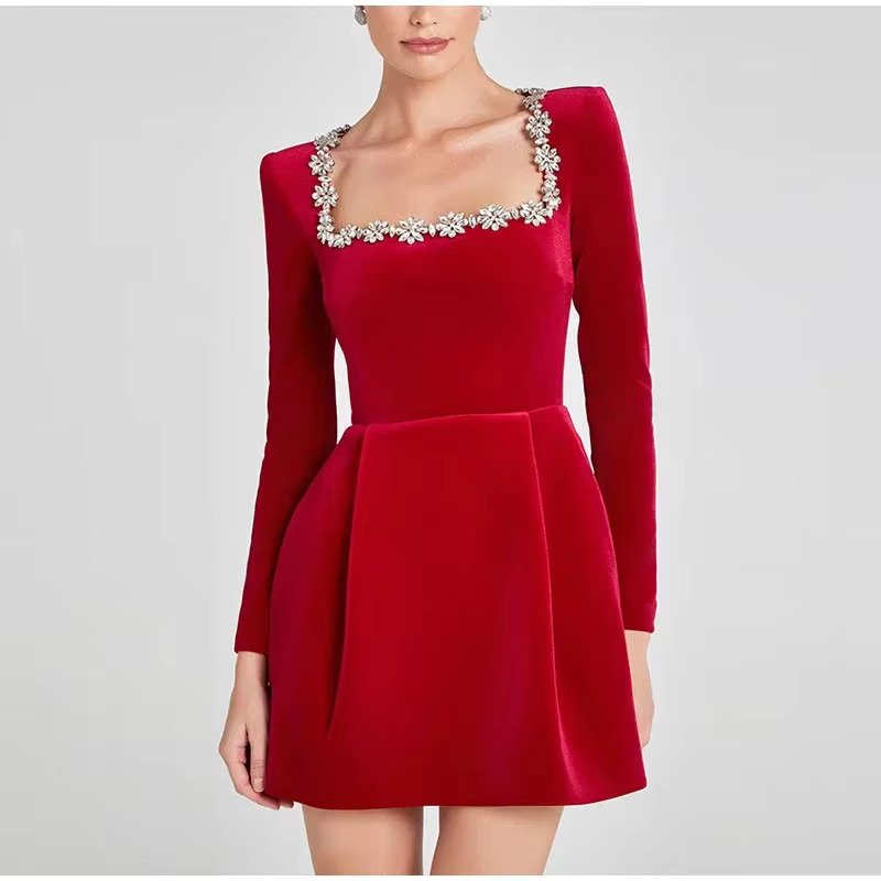 Slim Rhinestone Square Collar Dress Velvet Long Sleeve High Waist A-line Mini Dresses Periwinkley Shop