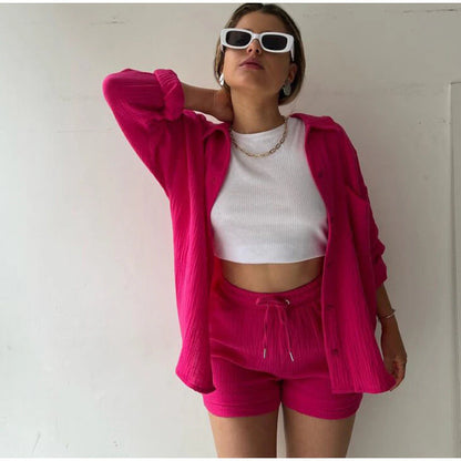 2 Piece Casual Turn-Down Collar Top with Shorts Gauze Cardigan- pink Periwinkley Shop