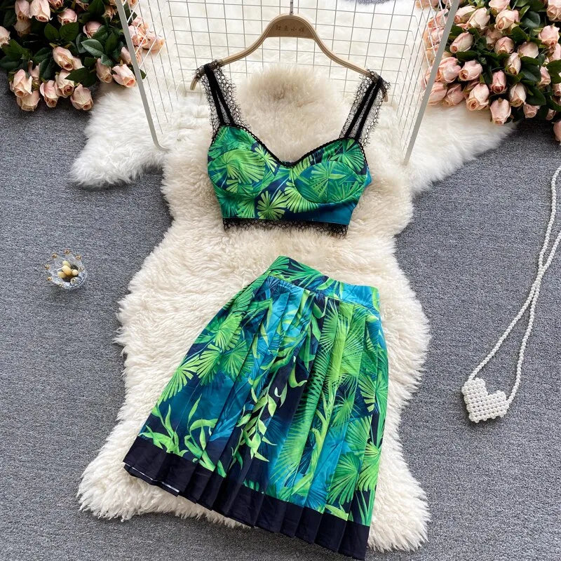 Two Piece Set Sexy Print Crop Top With Pleated Skirt Periwinkley Shop