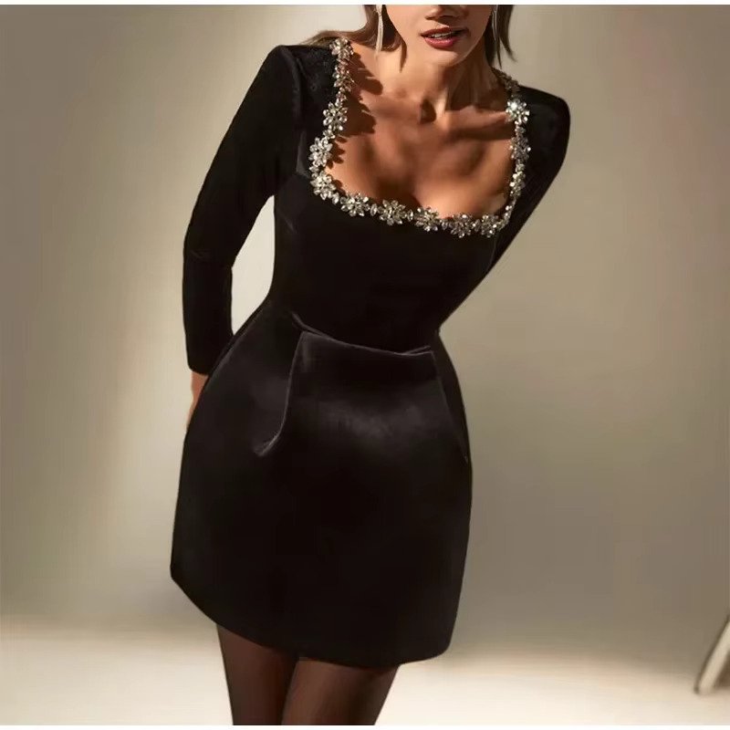 Slim Rhinestone Square Collar Dress Velvet Long Sleeve High Waist A-line Mini Dresses Periwinkley Shop