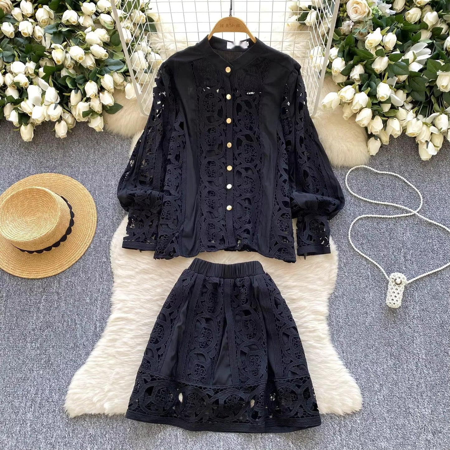 Elegant hollow out short dress 2 piece sets  long sleeve loose oversized shirts + mini skirts suits Periwinkley Shop