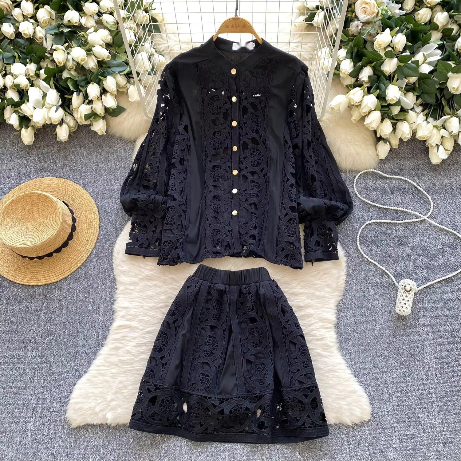 Elegant hollow out short dress 2 piece sets  long sleeve loose oversized shirts + mini skirts suits Periwinkley Shop