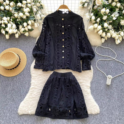 Elegant hollow out short dress 2 piece sets  long sleeve loose oversized shirts + mini skirts suits Periwinkley Shop