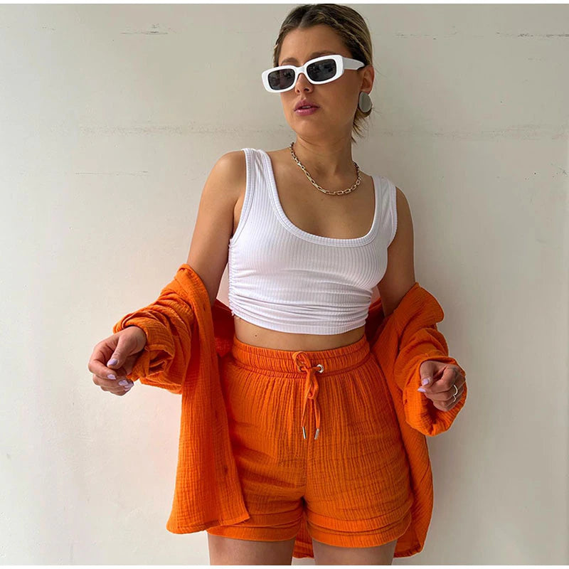 2 Piece Casual Turn-Down Collar Top with Shorts Gauze Cardigan-Orange Periwinkley Shop