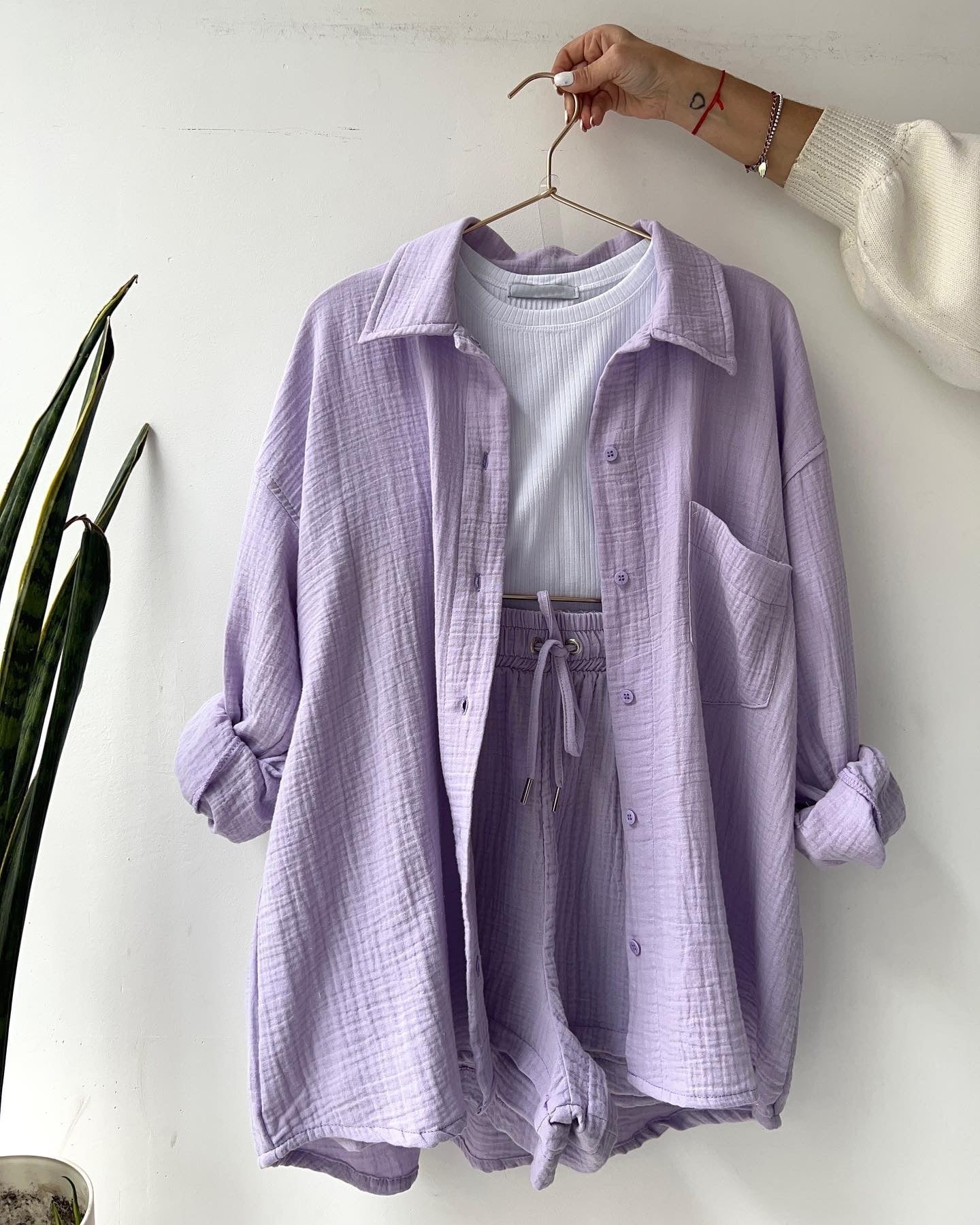 2 Piece Casual Turn-Down Collar Top with Shorts Gauze Cardigan- Purple Periwinkley Shop