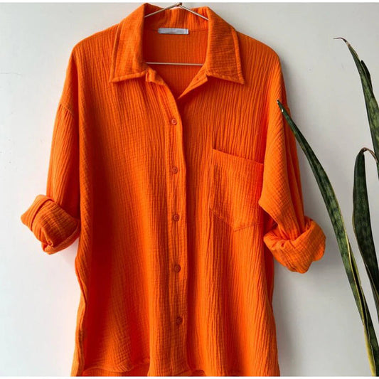 2 Piece Casual Turn-Down Collar Top with Shorts Gauze Cardigan-Orange Periwinkley Shop