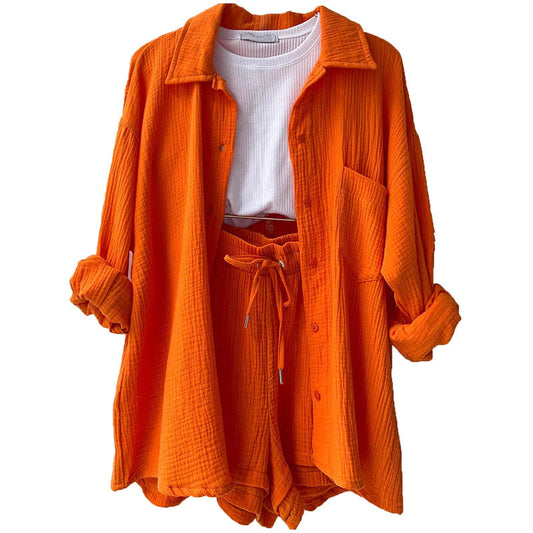 2 Piece Casual Turn-Down Collar Top with Shorts Gauze Cardigan-Orange Periwinkley Shop