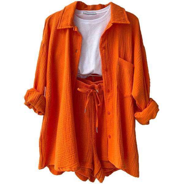 2 Piece Casual Turn-Down Collar Top with Shorts Gauze Cardigan-Orange Periwinkley Shop