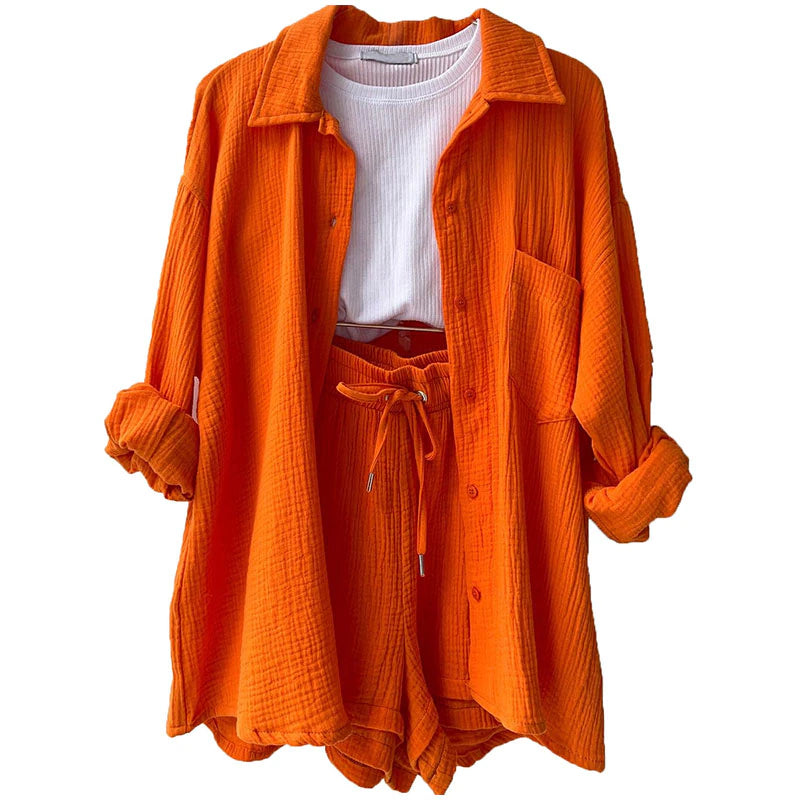 2 Piece Casual Turn-Down Collar Top with Shorts Gauze Cardigan-Orange Periwinkley Shop