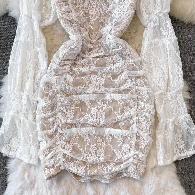 Floral Lace Fairy Long Flare Sleeve Padded Square Collar Dress Periwinkley Shop