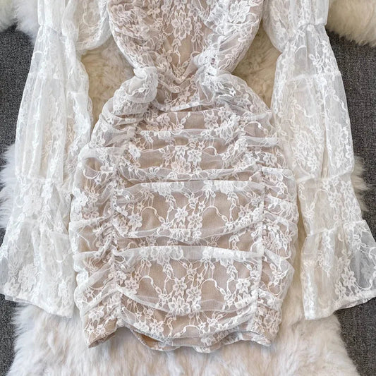 Floral Lace Fairy Long Flare Sleeve Padded Square Collar Dress Periwinkley Shop