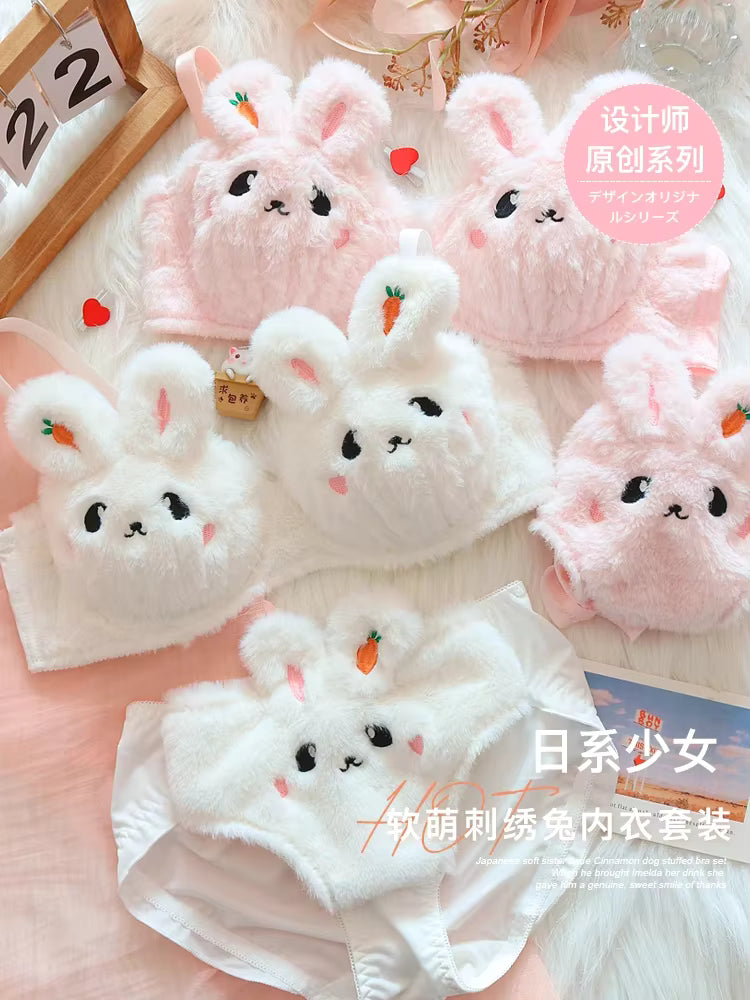 Bunny plush lingerie set -White