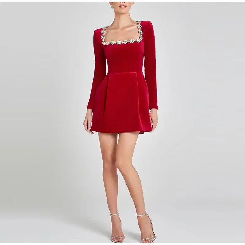 Slim Rhinestone Square Collar Dress Velvet Long Sleeve High Waist A-line Mini Dresses Periwinkley Shop