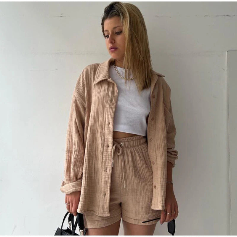 2 Piece Casual Turn-Down Collar Top with Shorts Gauze Cardigan- beige Periwinkley Shop
