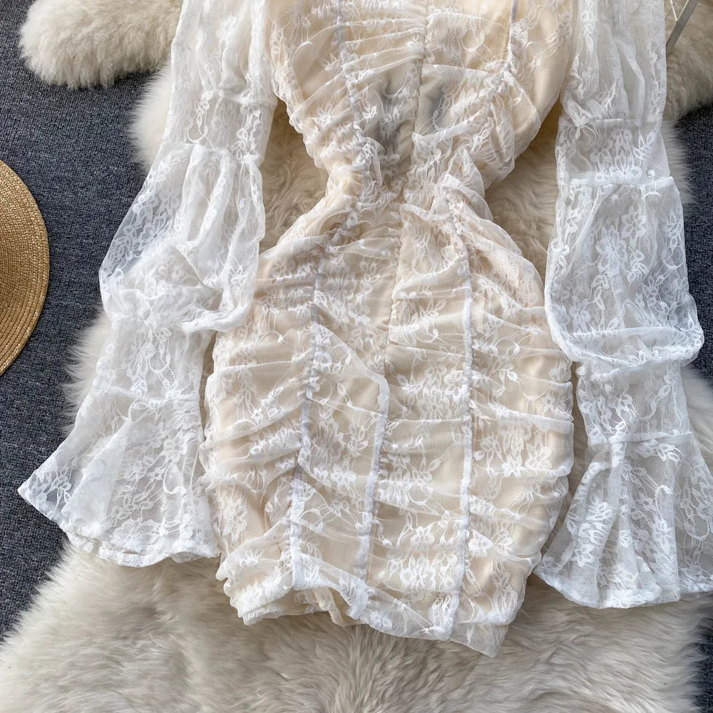 Floral Lace Fairy Long Flare Sleeve Padded Square Collar Dress Periwinkley Shop