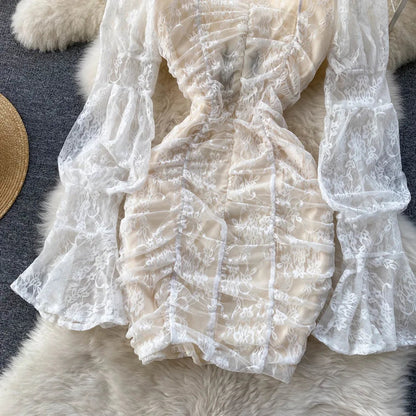 Floral Lace Fairy Long Flare Sleeve Padded Square Collar Dress Periwinkley Shop