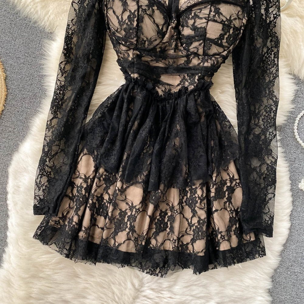 Square Collar Full Sleeve Slim Waist A-line lace dress Periwinkley Shop