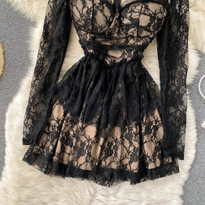 Square Collar Full Sleeve Slim Waist A-line lace dress Periwinkley Shop