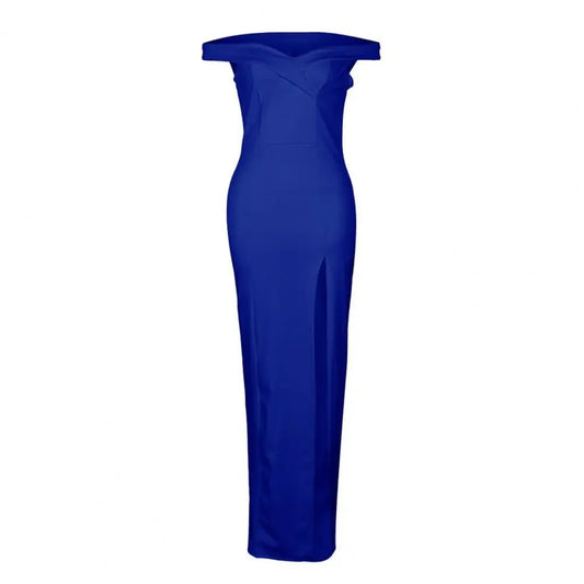 Royal Blue Off-Shoulder Evening Gown – Elegant High Slit Maxi Party Dress