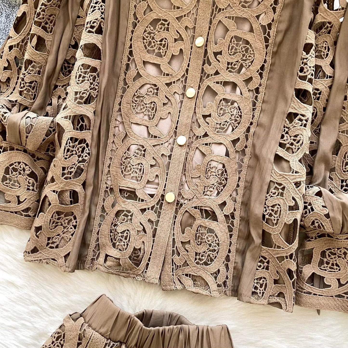 Elegant hollow out short dress 2 piece sets  long sleeve loose oversized shirts + mini skirts suits Periwinkley Shop