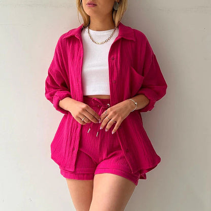 2 Piece Casual Turn-Down Collar Top with Shorts Gauze Cardigan- pink Periwinkley Shop
