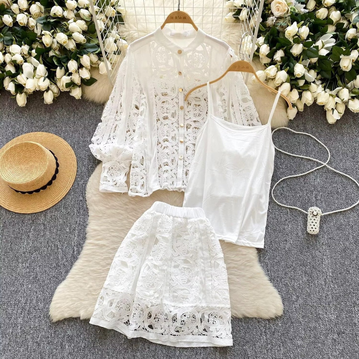 Elegant hollow out short dress 2 piece sets  long sleeve loose oversized shirts + mini skirts suits Periwinkley Shop