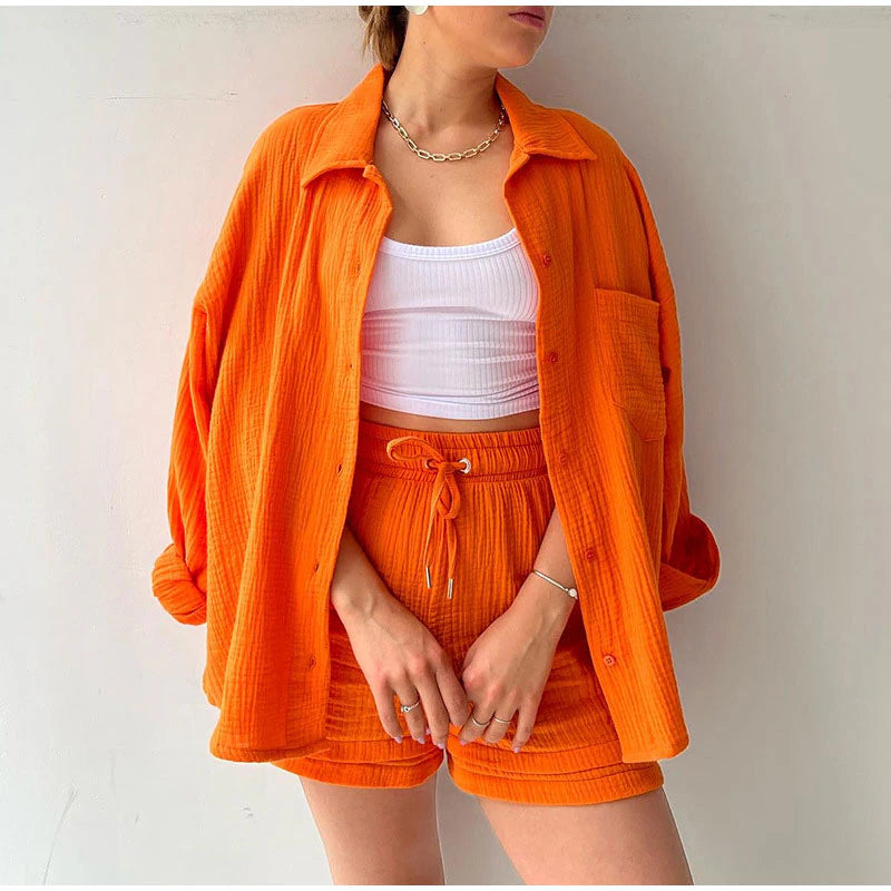 2 Piece Casual Turn-Down Collar Top with Shorts Gauze Cardigan-Orange Periwinkley Shop