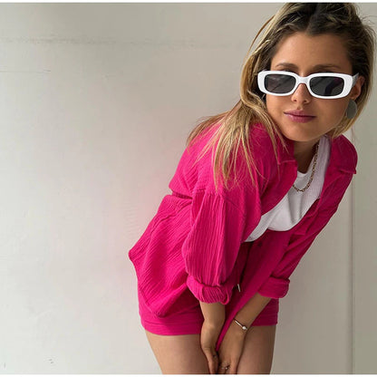 2 Piece Casual Turn-Down Collar Top with Shorts Gauze Cardigan- pink Periwinkley Shop