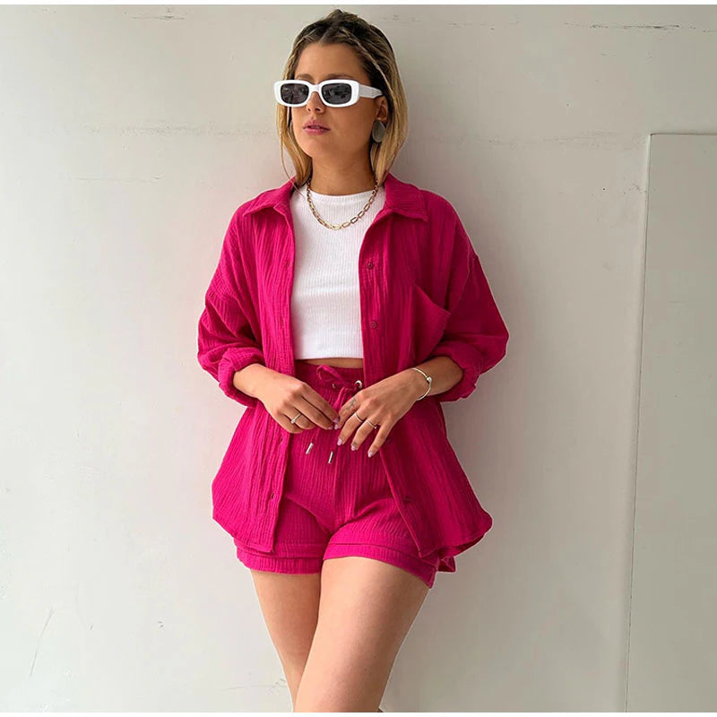 2 Piece Casual Turn-Down Collar Top with Shorts Gauze Cardigan- pink Periwinkley Shop