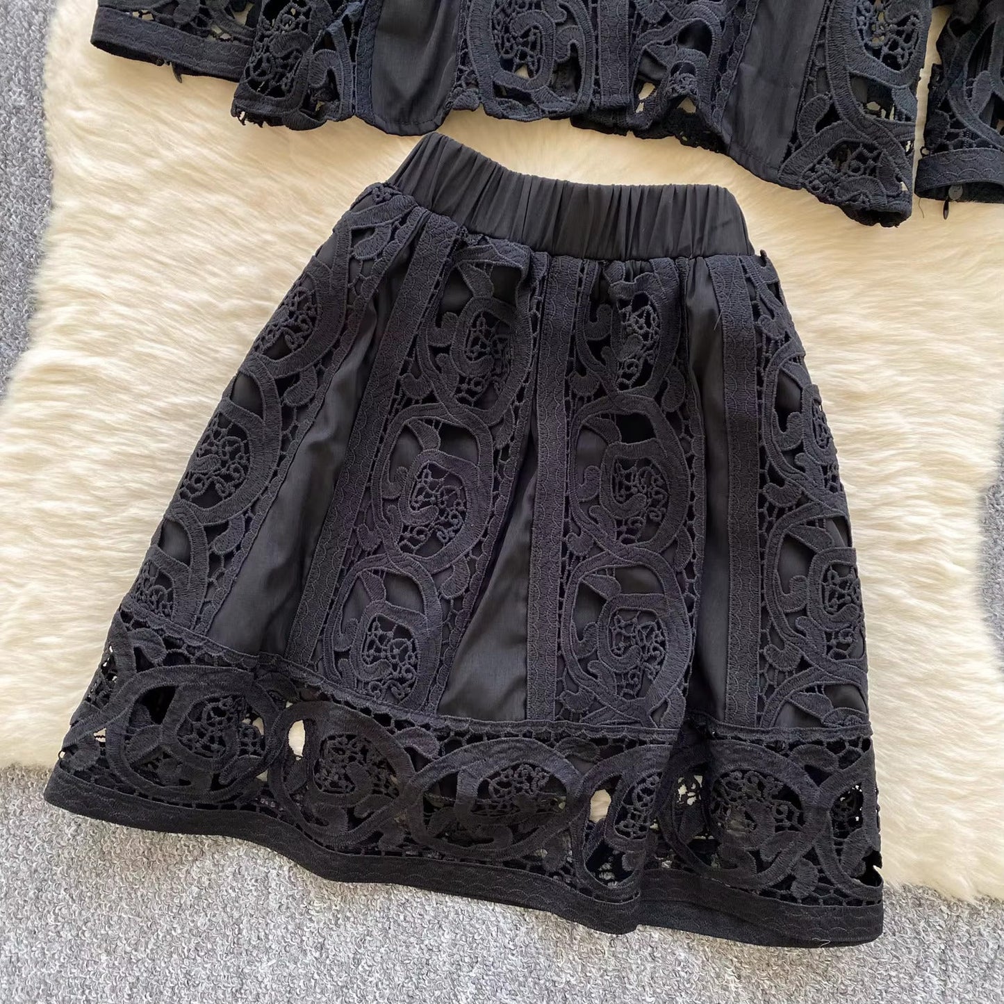 Elegant hollow out short dress 2 piece sets  long sleeve loose oversized shirts + mini skirts suits Periwinkley Shop