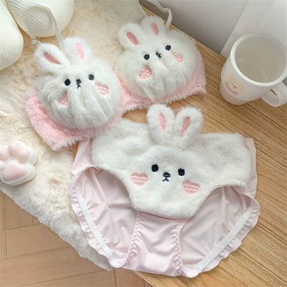 Bunny plush lingerie set -White