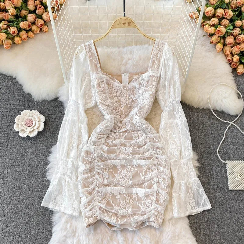 Floral Lace Fairy Long Flare Sleeve Padded Square Collar Dress Periwinkley Shop