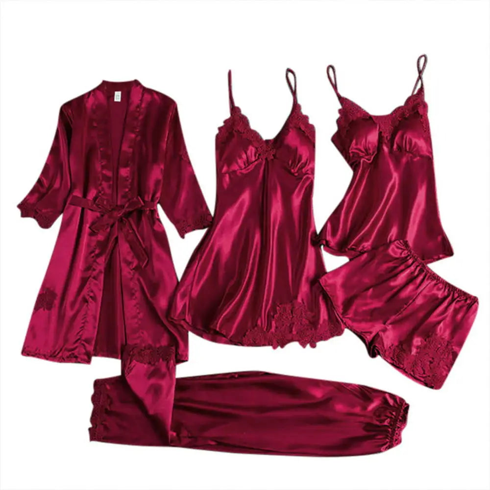 Victoria Summer Silk Pajamas 5 Piece loungewear  - Burgundy