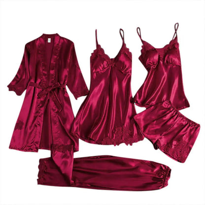 Victoria Summer Silk Pajamas 5 Piece loungewear  - Burgundy