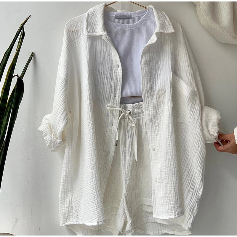 2 Piece Casual Turn-Down Collar Top with Shorts Gauze Cardigan- White Periwinkley Shop