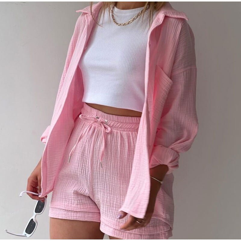 2 Piece Casual Turn-Down Collar Top with Shorts Gauze Cardigan-Pink Periwinkley Shop