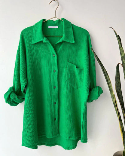 2 Piece Casual Turn-Down Collar Top with Shorts Gauze Cardigan- Green Periwinkley Shop