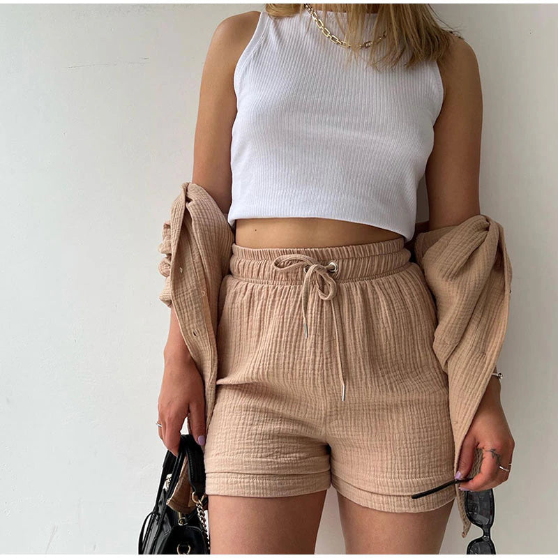 2 Piece Casual Turn-Down Collar Top with Shorts Gauze Cardigan- beige Periwinkley Shop