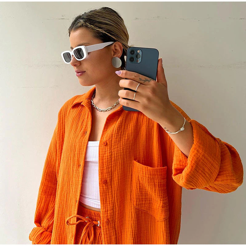 2 Piece Casual Turn-Down Collar Top with Shorts Gauze Cardigan-Orange Periwinkley Shop