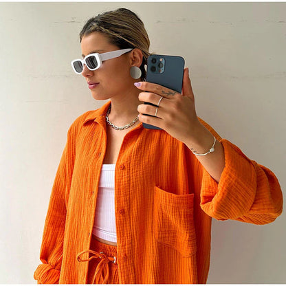 2 Piece Casual Turn-Down Collar Top with Shorts Gauze Cardigan-Orange Periwinkley Shop