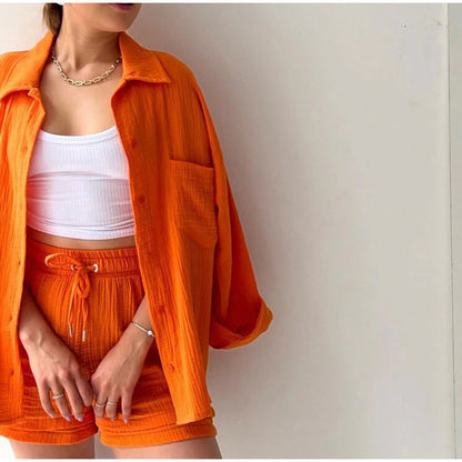 2 Piece Casual Turn-Down Collar Top with Shorts Gauze Cardigan-Orange Periwinkley Shop